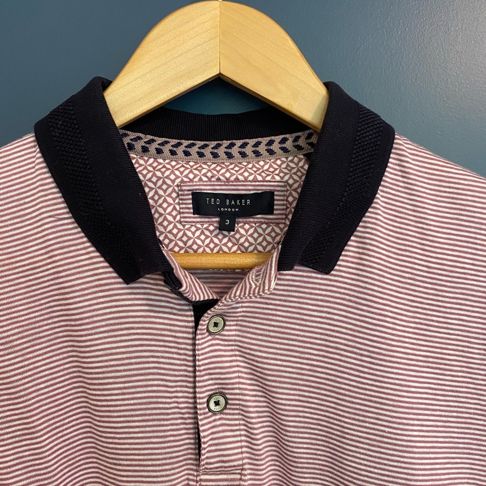 Ted Baker Pink and Navy stripped polos with dark blue collar size 3